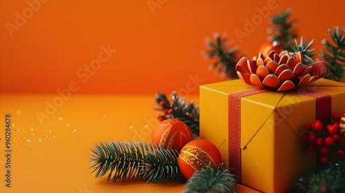 Wallpaper Mural Christmas gift boxes collection, Christmas rope and Christmas balls, on a orange background, banner for website Torontodigital.ca