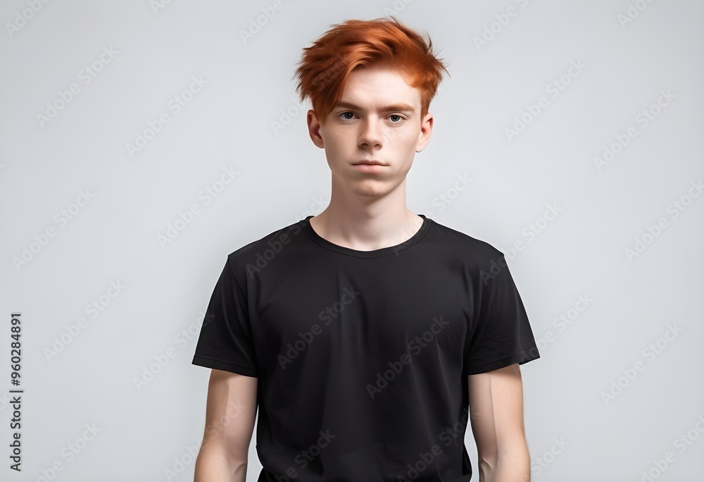 Red haired guy in black outfit on white background. Red haired guy in black outfit on white background.