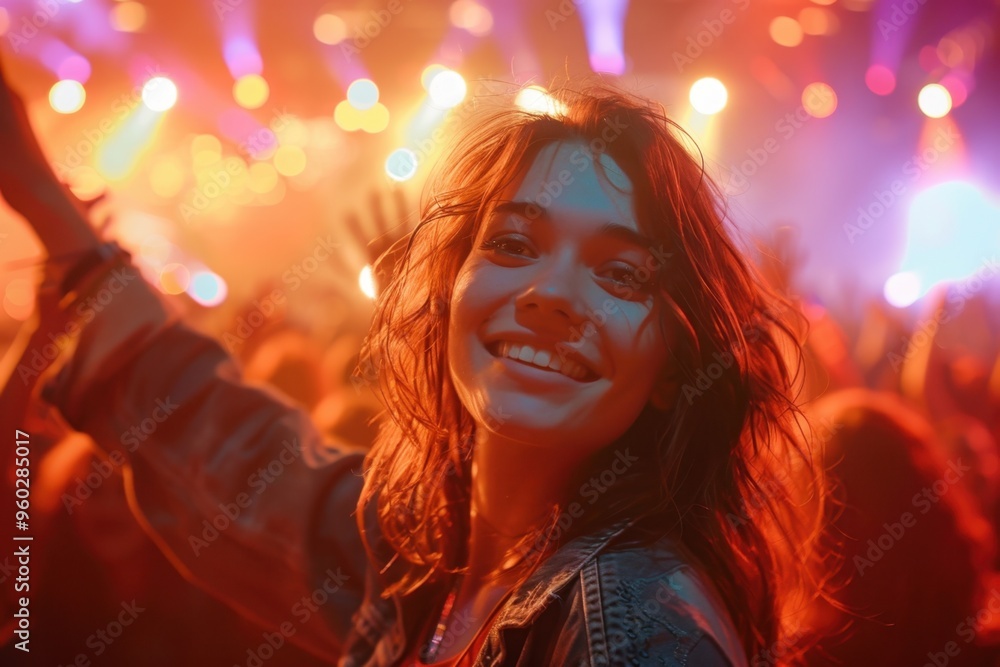 Woman in Concert Crowd Waving and Smiling in a Lively Atmosphere
Woman in Concert Crowd Waving and Smiling in a Lively Atmosphere