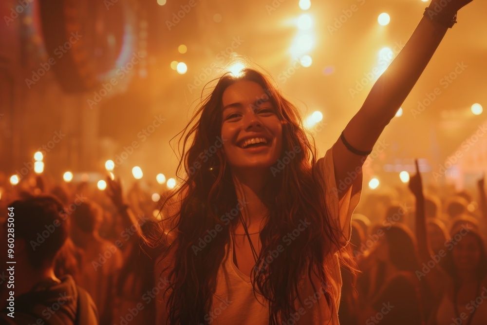 Fototapeta premium Woman in Concert Crowd Waving and Smiling in a Lively Atmosphere