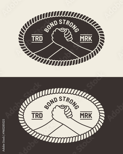 Emblem logo featuring two clasped hands in a firm handshake surrounded by a rope border.