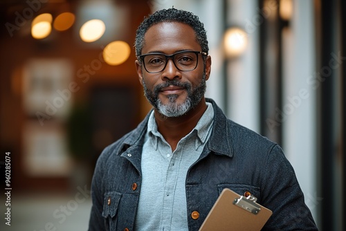 45 year old american man volunteering in business casual clothes holding clipboard for a tax preparation. 