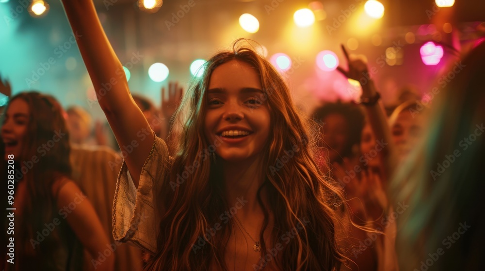 Fototapeta premium Woman in Concert Crowd Waving and Smiling in a Lively Atmosphere