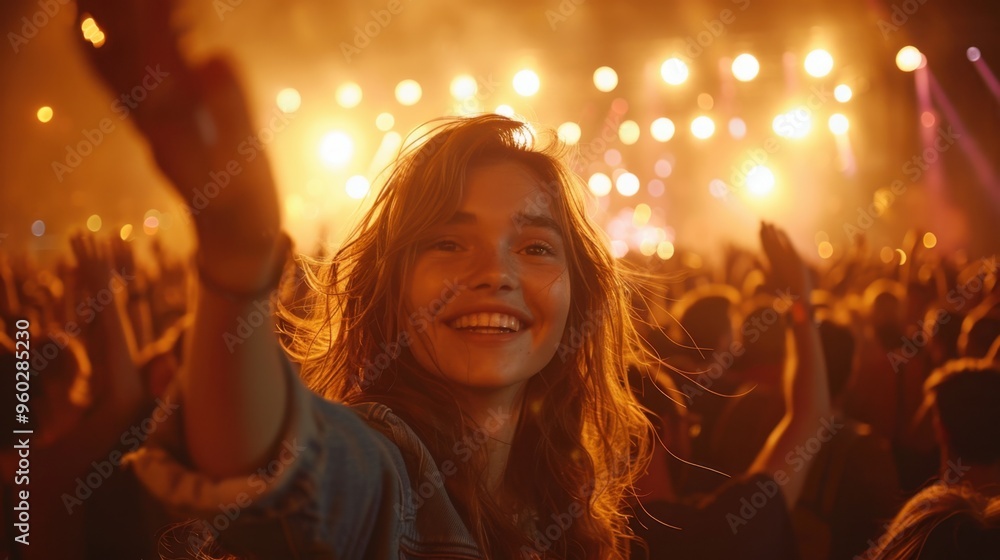Woman in Concert Crowd Waving and Smiling in a Lively Atmosphere
Woman in Concert Crowd Waving and Smiling in a Lively Atmosphere