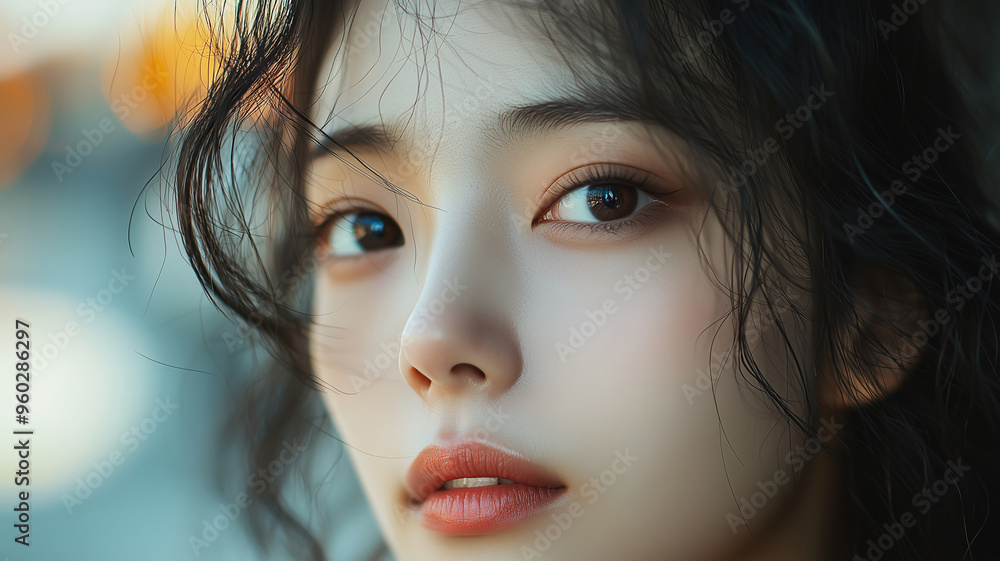 Close-up portrait of a young Asian woman with delicate features, soft skin, and coral lips gazing pensively against a blurred background. Close-up portrait of a young Asian woman with delicate features, soft skin, and coral lips gazing pensively against a blurred background.