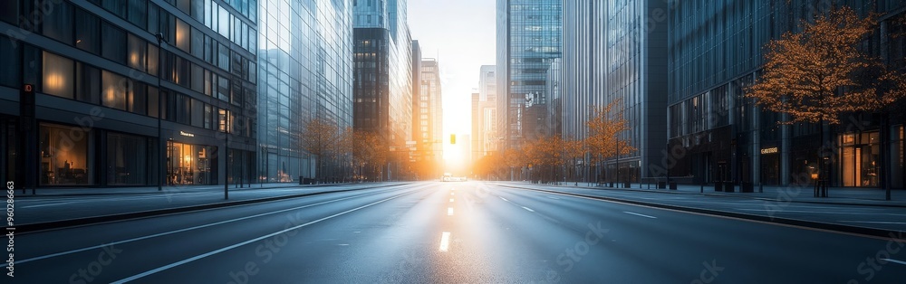 Pristine Empty Road Through Modern Cityscape at Morning Light Pristine Empty Road Through Modern Cityscape at Morning Light