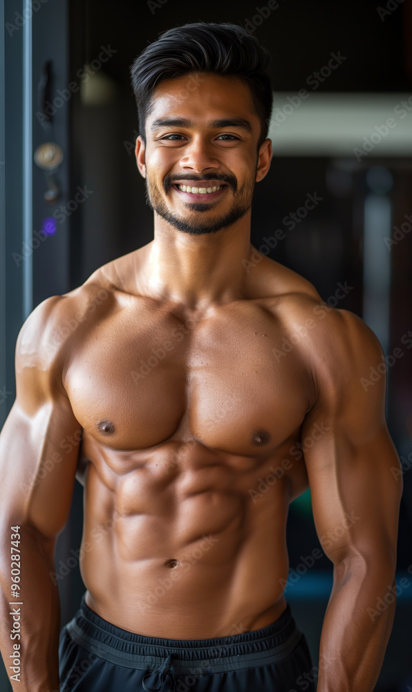 Portrait of a young and attractive Indian male personal trainer smiling confidently at the gym, showcasing his fitness. Portrait of a young and attractive Indian male personal trainer smiling confidently at the gym, showcasing his fitness.