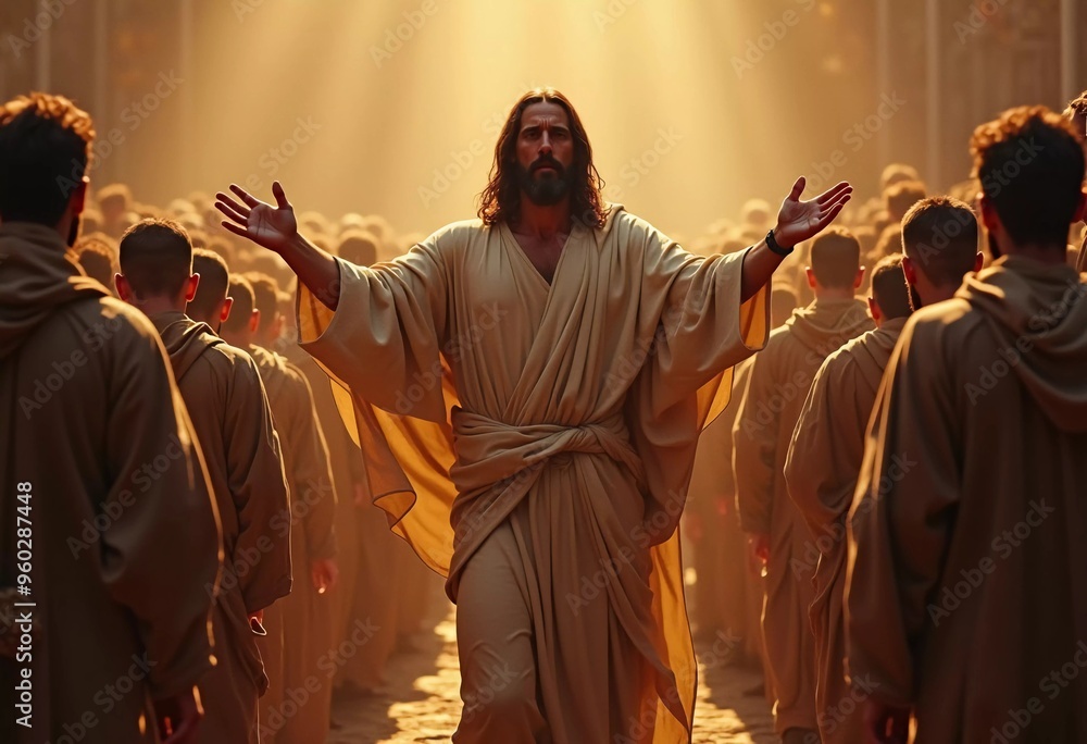 Obraz premium Jesus Christ stands amidst a diverse assembly, conveying a message of hope and faith, surrounded by attentive followers. Religion Christianity. Faith, hope, love and wisdom. Generative AI