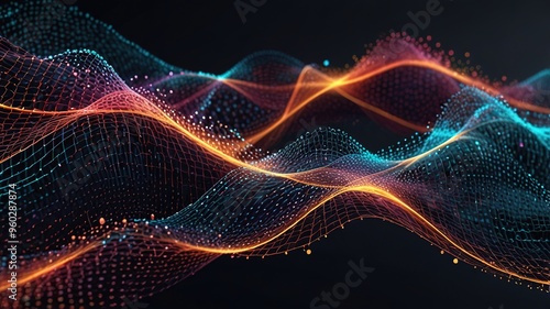 Abstract technology stream background. Digital dynamic wave of dots. Network connection structure. 3D rendering.