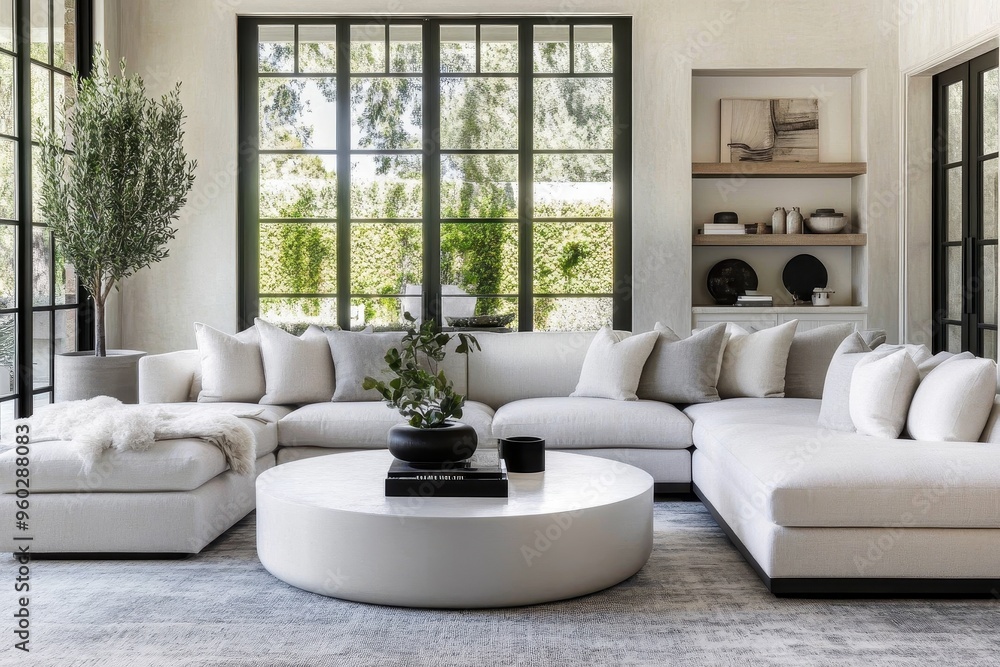 Image of a spacious, open-concept living room with modern furniture in shades of gray and white. Image of a spacious, open-concept living room with modern furniture in shades of gray and white.