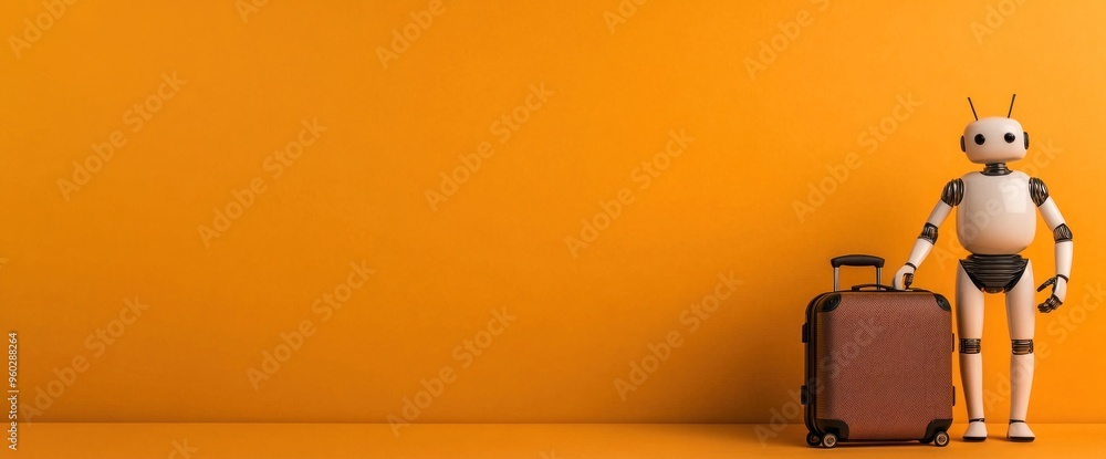 Fototapeta premium A robot is standing next to a suitcase on a yellow background