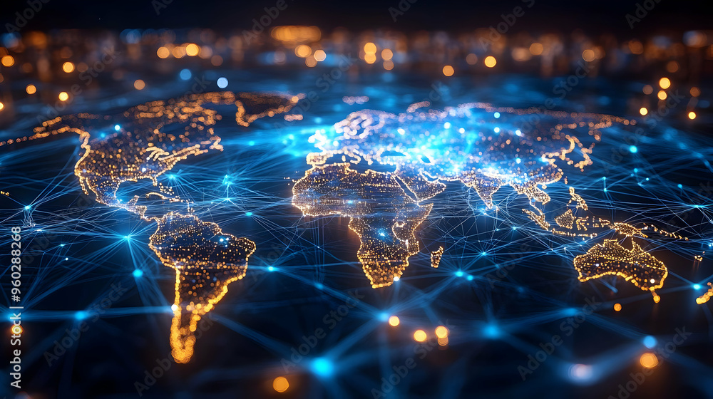 Digital representation of a connected world map with networks. Digital representation of a connected world map with networks.