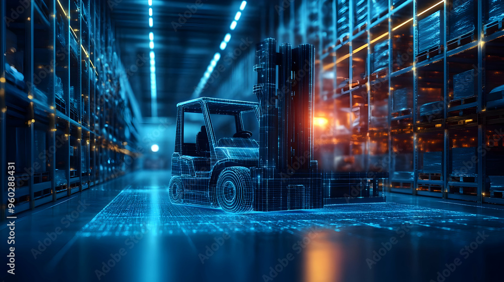 Obraz premium Digital representation of a forklift in a warehouse setting.
