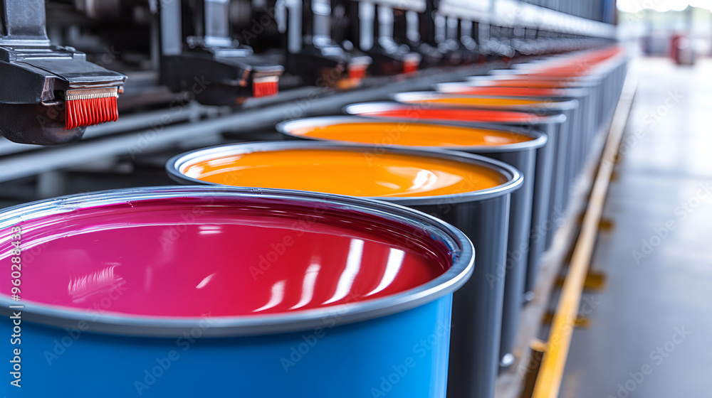 Vibrant paint cans lined up in a manufacturing facility with bright ...