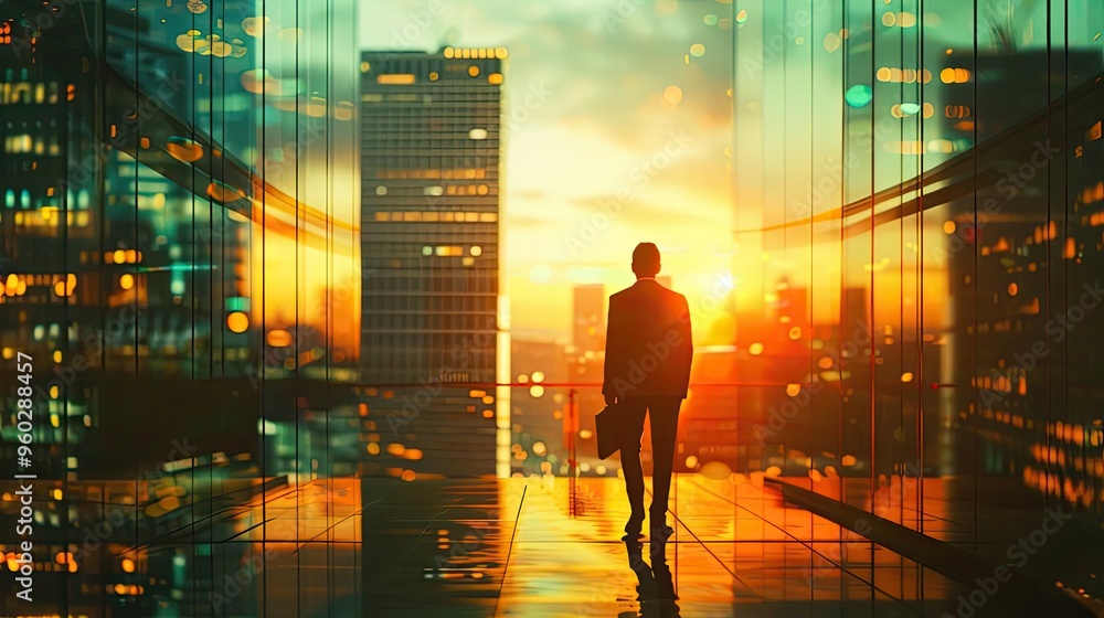 A silhouette of a businessman standing in a modern city, with a stunning sunset reflecting off glass buildings. A silhouette of a businessman standing in a modern city, with a stunning sunset reflecting off glass buildings.