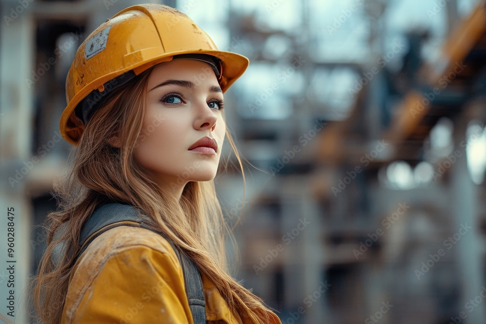 A woman in a yellow hard hat and jacket. Perfect for showcasing the importance of women in construction. A woman in a yellow hard hat and jacket. Perfect for showcasing the importance of women in construction.