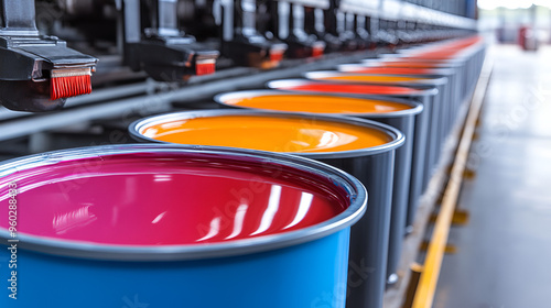 Vibrant paint cans lined up in a manufacturing facility with bright colors showcasing the art of production photo