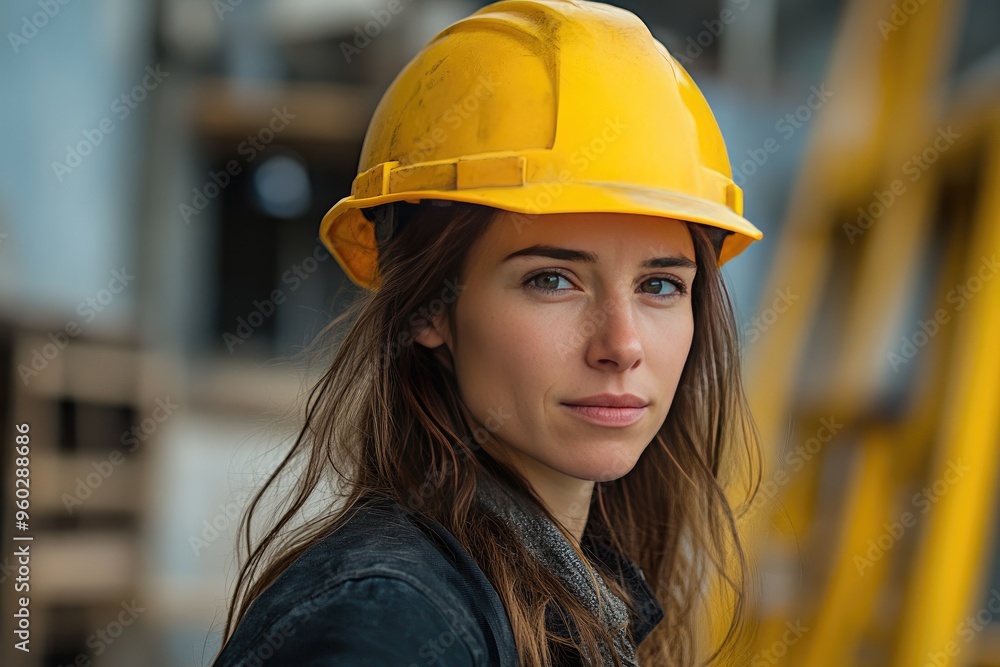 A female construction worker in a yellow hard hat. This photo is perfect for showcasing women in the trades. A female construction worker in a yellow hard hat. This photo is perfect for showcasing women in the trades.