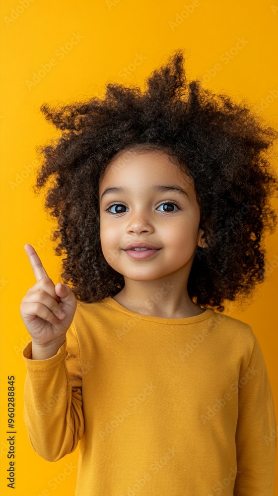 Vibrant portrait of a cheerful young child with curly hair, wearing a yellow top against a matching background, pointing upward with a bright smile. Vibrant portrait of a cheerful young child with curly hair, wearing a yellow top against a matching background, pointing upward with a bright smile.