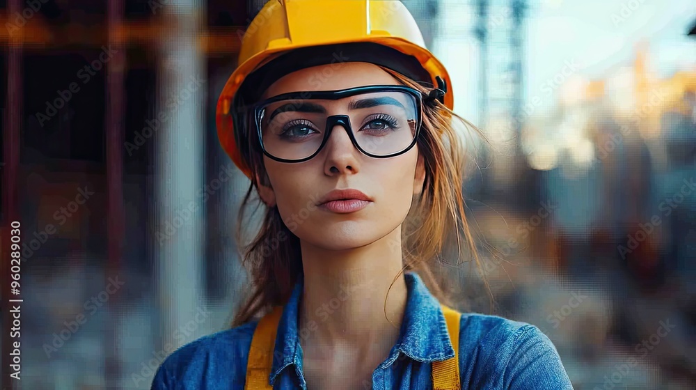 Woman in a hard hat and safety glasses. This photo is perfect for representing construction workers, safety, and women in STEM fields. Woman in a hard hat and safety glasses. This photo is perfect for representing construction workers, safety, and women in STEM fields.