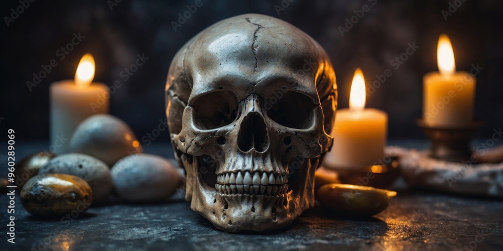 A skull is sitting on a stone surface with candles in the background. A skull is sitting on a stone surface with candles in the background.
