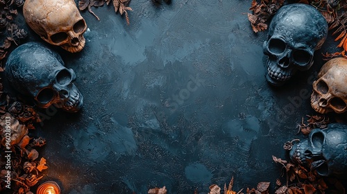 Image of human skulls surrounded by autumn leaves on a dark textured background, evoking a spooky and eerie atmosphere suitable for Halloween or horror themes. photo