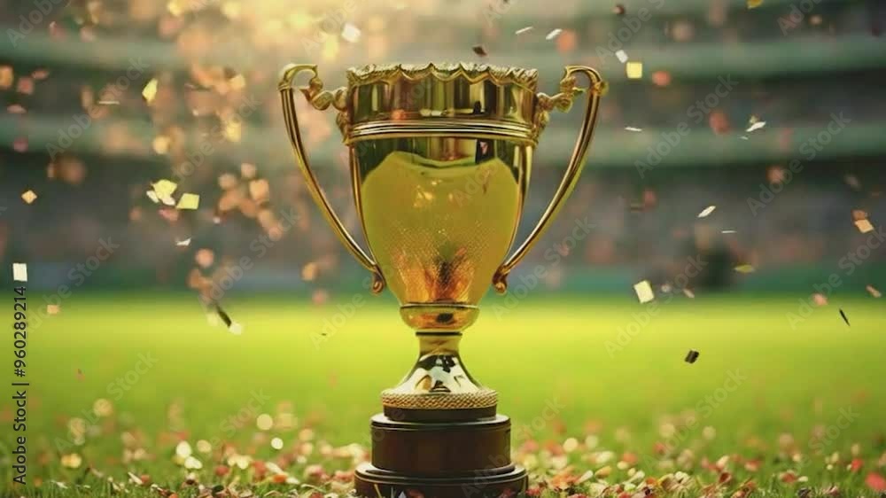 Golden Trophy with Confetti Falling on a Green Field