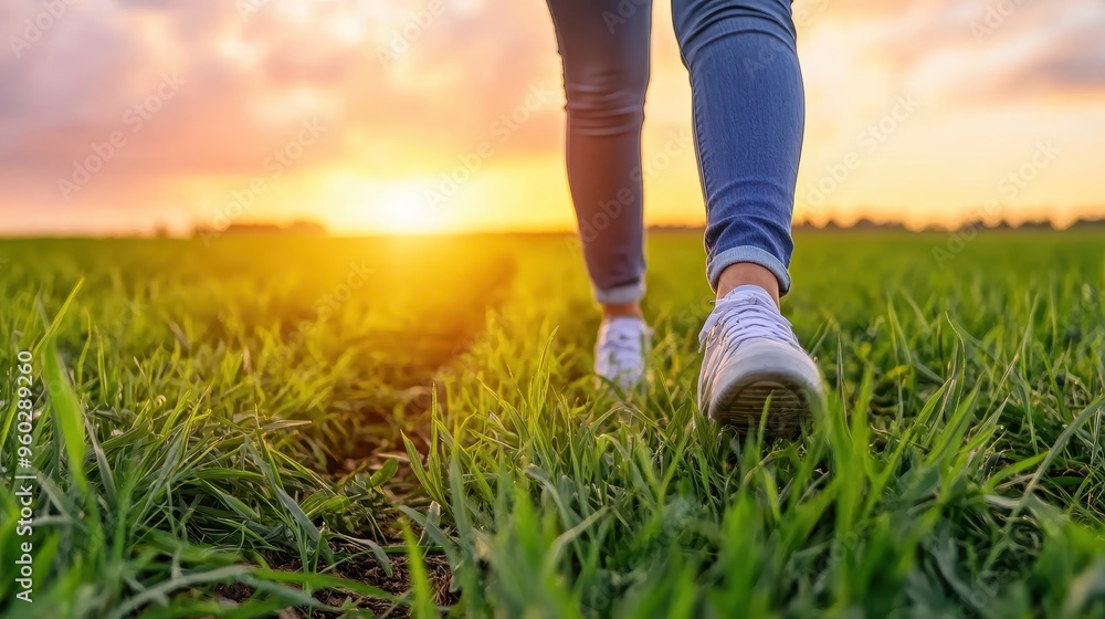 A person walking through a lush green field at sunset, enjoying nature and tranquility in a serene landscape. A person walking through a lush green field at sunset, enjoying nature and tranquility in a serene landscape.
