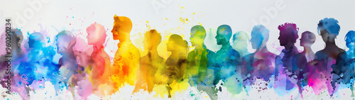 Generative Ai watercolor illustration of a multicolored silhouettes of a group of different people on a white background.