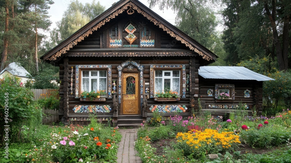 Traditional Russian wooden house with intricate carvings and a flower-filled garden. Traditional Russian wooden house with intricate carvings and a flower-filled garden.