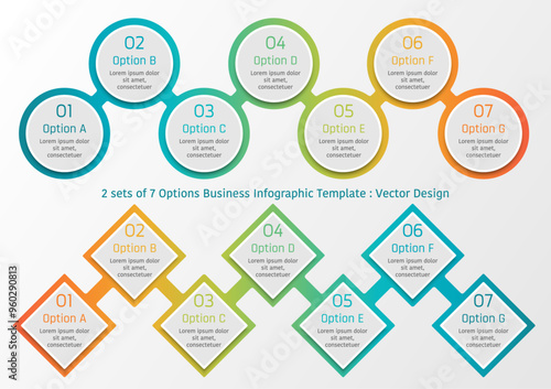 2 sets of 7 options business infographic template, theme of linked colorful circle shape group and diamond square shape group