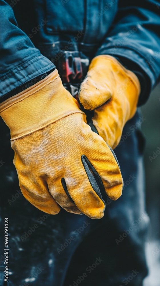 Close-up of hands wearing rugged yellow leather work gloves, symbolizing manual labor and protection. Dark denim jacket visible, suggesting industrial or outdoor work. Close-up of hands wearing rugged yellow leather work gloves, symbolizing manual labor and protection. Dark denim jacket visible, suggesting industrial or outdoor work.