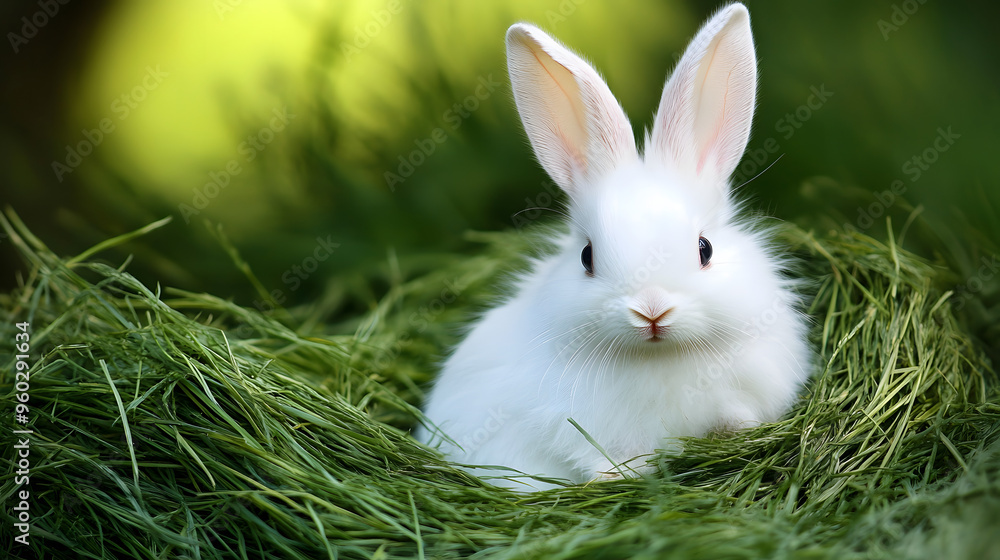 Fototapeta premium Endearing Portrait of a Fluffy White Bunny with Long Ears and Bright Eyes, Sitting Among Fresh Green Grass. This Adorable Bunny Exudes Charm and Innocence in a Natural, Serene Outdoor Setting