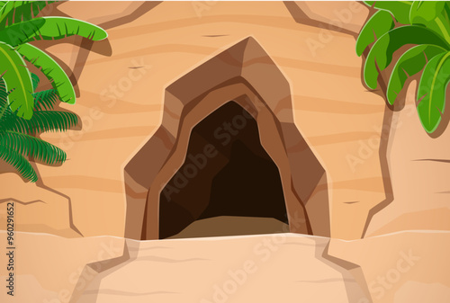 Pirate cave entrance surrounded by rocky cliffs and lush green palm leaves. Cartoon vector hole in the mountain, hidden underground tunnel or cavern, summer nature landscape, hollow game background