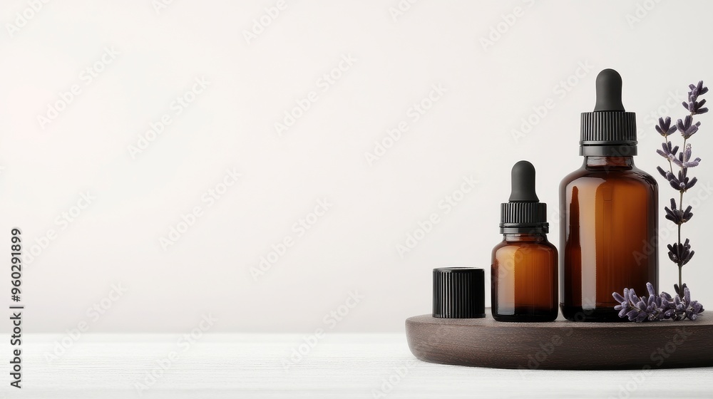 Elegant display of amber glass bottles with droppers, surrounded by lavender on a minimalistic surface. Elegant display of amber glass bottles with droppers, surrounded by lavender on a minimalistic surface.