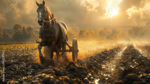 a horse plows a field photo