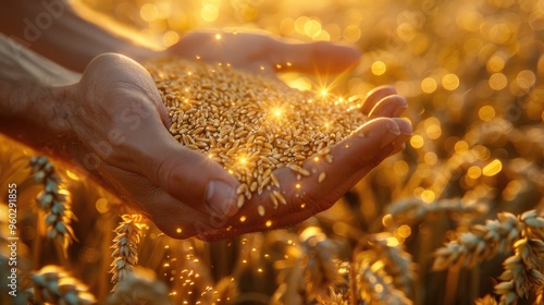 golden grain in the hands of a farmer photo