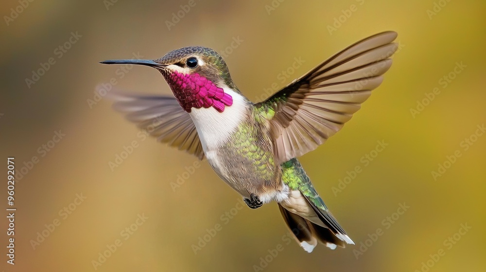 Fototapeta premium A vibrant ruby throated hummingbird captured in mid flight showcasing its stunning iridescent feathers and delicate features