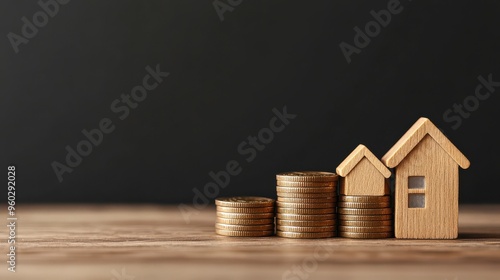 Conceptual image of real estate investment with wooden houses and stacked coins representing financial growth and savings.