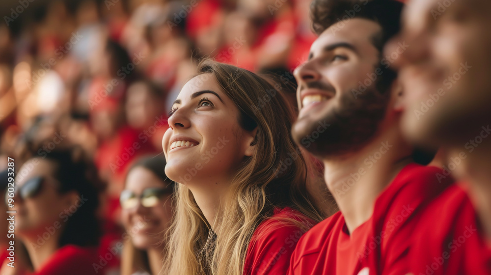 People in red are sitting in the stadium People in red are sitting in the stadium