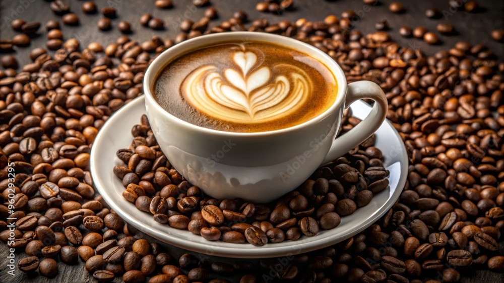 A beautifully crafted latte in a white cup, surrounded by roasted coffee beans, perfect for coffee lovers and baristas. A beautifully crafted latte in a white cup, surrounded by roasted coffee beans, perfect for coffee lovers and baristas.