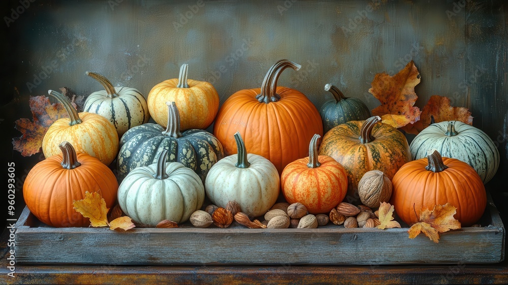 autumnal still life featuring an array of colorful pumpkins and mixed nuts artfully arranged on weathered wooden tray warm lighting enhancing rich textures autumnal still life featuring an array of colorful pumpkins and mixed nuts artfully arranged on weathered wooden tray warm lighting enhancing rich textures