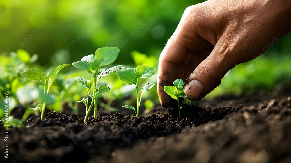 Gardener’s Hand Planting a Seedling: A gardener's hand gently planting a seedling in rich soil, with green foliage in the background.
Gardener’s Hand Planting a Seedling: A gardener's hand gently planting a seedling in rich soil, with green foliage in the background.