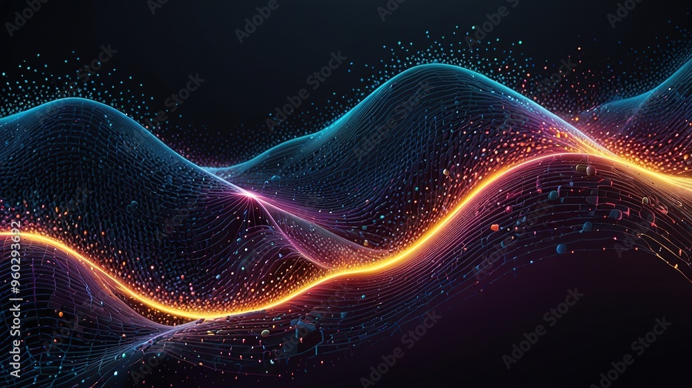 Obraz premium Abstract technology stream background. Digital dynamic wave of dots. Network connection structure. 3D rendering.
