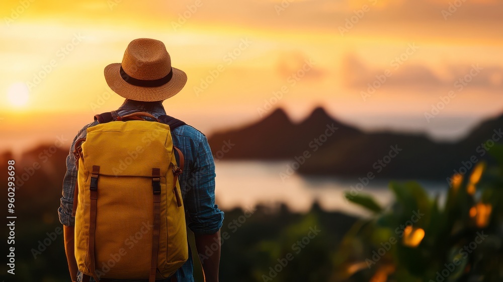 A traveler with a yellow backpack admires a stunning sunset over lush mountains and a serene body of water, embracing adventure. A traveler with a yellow backpack admires a stunning sunset over lush mountains and a serene body of water, embracing adventure.