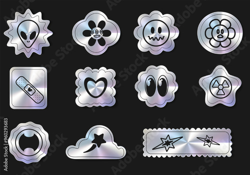 A set of Y2k holographic stickers. Retro gradient shapes and futuristic stickers