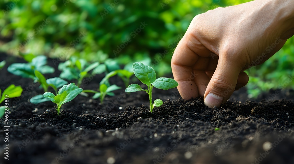 Gardener’s Hand Planting a Seedling: A gardener's hand gently planting a seedling in rich soil, with green foliage in the background.
Gardener’s Hand Planting a Seedling: A gardener's hand gently planting a seedling in rich soil, with green foliage in the background.