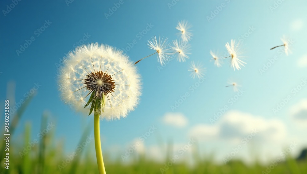 Dandelion flower with seeds flying by wind with clear blue sky landscape background. Dandelion flower with seeds flying by wind with clear blue sky landscape background.