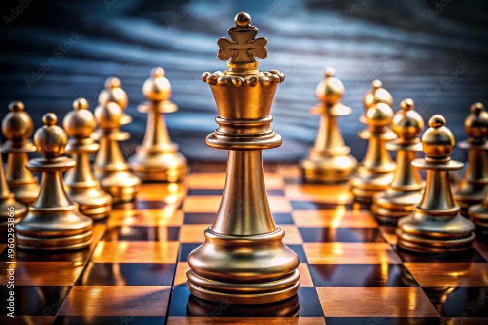 A close-up of a golden chess king surrounded by pawns, symbolizing strategy, competition, and classic board games. A close-up of a golden chess king surrounded by pawns, symbolizing strategy, competition, and classic board games.