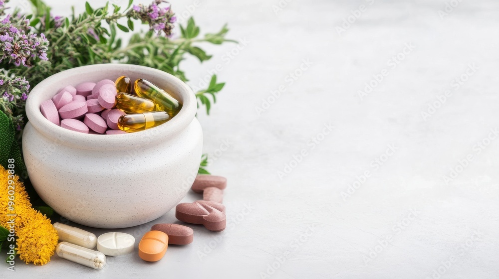 A collection of colorful vitamins and supplements in a rustic bowl, surrounded by herbs and flowers, ideal for health-related themes. A collection of colorful vitamins and supplements in a rustic bowl, surrounded by herbs and flowers, ideal for health-related themes.